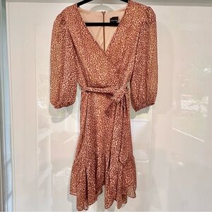 Maison Tara Leopard Animal Print Wrap Flounce Hem fit and flare Dress size 8